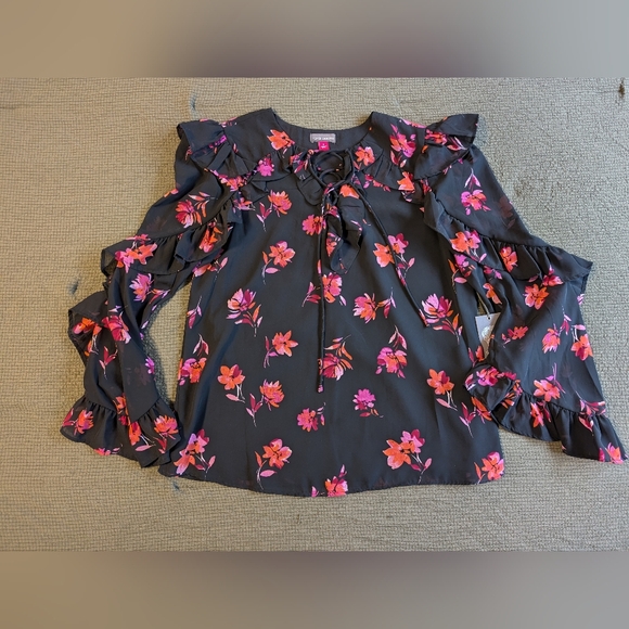 Vince Camuto Floral Lace-Up Ruffle Sleeve Blouse in Pomegranate Pink at Nordstro - Picture 1 of 8